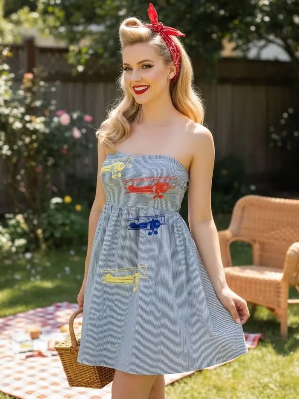Striped Strapless Sundress with Colorful Airplane Embroidery